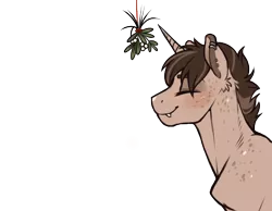 Size: 536x416 | Tagged: safe, artist:royvdhel-art, derpibooru import, oc, oc:rj, unofficial characters only, pony, unicorn, bust, ear piercing, earring, eyes closed, horn, image, jewelry, mistletoe, piercing, png, simple background, smiling, solo, transparent background, unicorn oc