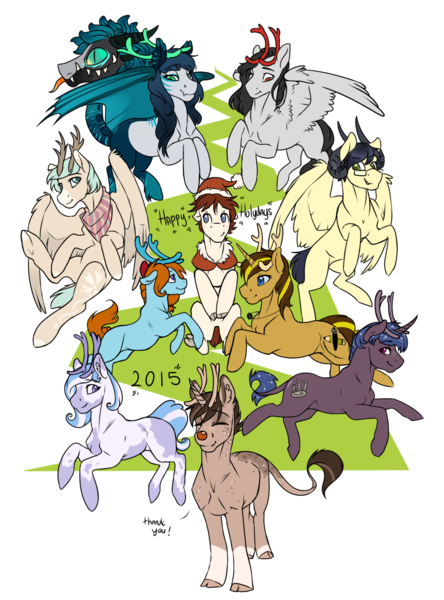 Size: 1200x1623 | Tagged: safe, artist:royvdhel-art, derpibooru import, oc, oc:rj, unofficial characters only, cow plant pony, earth pony, monster pony, original species, pegasus, plant pony, pony, unicorn, antlers, augmented, augmented tail, christmas, earth pony oc, female, hat, holiday, horn, image, male, mare, pegasus oc, plant, png, red nose, santa hat, simple background, smiling, stallion, tail, transparent background, unicorn oc, wings