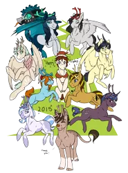 Size: 1200x1623 | Tagged: safe, artist:royvdhel-art, derpibooru import, oc, oc:rj, unofficial characters only, cow plant pony, earth pony, monster pony, original species, pegasus, plant pony, pony, unicorn, antlers, augmented, augmented tail, christmas, earth pony oc, female, hat, holiday, horn, image, male, mare, pegasus oc, plant, png, red nose, santa hat, simple background, smiling, stallion, tail, transparent background, unicorn oc, wings