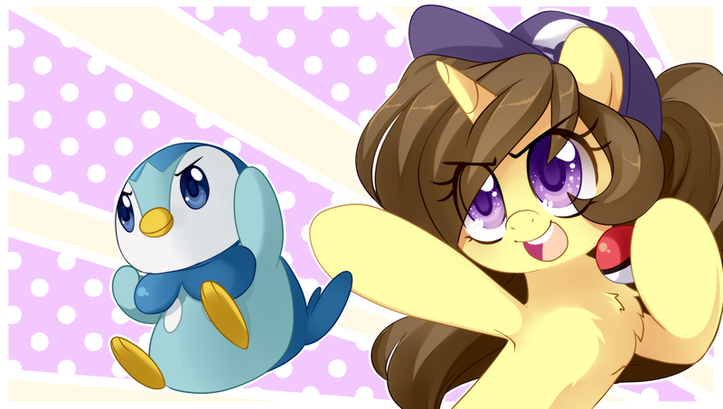 Size: 2000x1133 | Tagged: safe, artist:loyaldis, derpibooru import, oc, oc:astral flare, piplup, pony, unicorn, cute, daaaaaaaaaaaw, diamond and pearl, female, hat, image, png, pokéball, pokémon, pokémon trainer, sinnoh