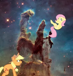 Size: 1280x1335 | Tagged: safe, artist:benpictures1, derpibooru import, applejack, fluttershy, earth pony, pegasus, pony, comic:ponies in the eagle nebula, applejack is not amused, cute, duo, duo female, ears, female, floppy ears, image, inkscape, jackabetes, mare, pillars of creation, png, shocked, shocked expression, shyabetes, unamused, vector