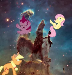 Size: 1280x1335 | Tagged: safe, artist:benpictures1, derpibooru import, applejack, fluttershy, pinkie pie, earth pony, pegasus, pony, comic:ponies in the eagle nebula, my little pony: the movie, applejack is not amused, applejack's hat, clothes, cowboy hat, cute, diapinkes, ears, female, floppy ears, hat, image, inkscape, jackabetes, mare, pillars of creation, pinkie being pinkie, png, shyabetes, unamused, vector