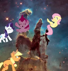 Size: 1280x1335 | Tagged: safe, artist:benpictures1, derpibooru import, applejack, fluttershy, pinkie pie, rarity, earth pony, pegasus, pony, unicorn, comic:ponies in the eagle nebula, my little pony: the movie, applejack is not amused, cute, diapinkes, female, freckles, image, inkscape, jackabetes, mare, pillars of creation, pinkie being pinkie, png, raribetes, shyabetes, unamused, vector
