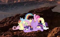 Size: 482x298 | Tagged: safe, artist:benpictures1, derpibooru import, applejack, fluttershy, pinkie pie, rainbow dash, rarity, twilight sparkle, twilight sparkle (alicorn), alicorn, earth pony, pegasus, pony, unicorn, comic:ponies in the eagle nebula, power ponies (episode), female, image, lying down, mane six, mare, png, pony pile, spread wings, wings