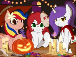 Size: 1615x1200 | Tagged: safe, artist:lemon, derpibooru import, oc, oc:lemon scent, oc:palette swap, oc:pearl shine, ponified, earth pony, pegasus, pony, unicorn, apple, blood, candies, candle, cape, chocolate, clothes, dagger, food, halloween, hat, hockey mask, holiday, image, jack-o-lantern, jason voorhees, mask, moon, nation ponies, philippines, png, pumpkin, red riding hood, skull, voodoo doll, weapon, witch, wizard hat