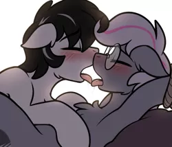 Size: 696x597 | Tagged: source needed, suggestive, artist:whitepone, derpibooru import, oc, oc:jannie daze, oc:pie, unofficial characters only, earth pony, pony, arm behind head, blushing, bondage, chest fluff, drool, drool string, eyes closed, floppy ears, french kiss, gay, glasses, hooves behind head, image, kissing, male, males only, png, stallion, tongue out