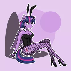 Size: 1280x1280 | Tagged: safe, artist:tastimelon, derpibooru import, twilight sparkle, twilight sparkle (alicorn), alicorn, anthro, alternate hairstyle, breasts, bunny ears, bunny suit, busty twilight sparkle, cleavage, clothes, cuffs (clothes), fishnet pantyhose, fishnets, high heels, image, jpeg, leotard, shoes, short mane, sitting, solo