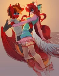 Size: 1506x1942 | Tagged: oc name needed, safe, artist:starrcoma, derpibooru import, oc, unofficial characters only, alicorn, anthro, pegasus, unicorn, bow, clothes, cowboy hat, female, gradient background, hair bow, hat, image, jpeg, looking at each other, male, miniskirt, oc x oc, shipping, skirt, socks, stockings, straight, thigh highs, zettai ryouiki