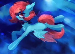 Size: 2000x1462 | Tagged: safe, artist:starrcoma, derpibooru import, oc, unofficial characters only, pegasus, pony, choker, colored wings, ear fluff, female, flying, glasses, image, jpeg, looking at you, mare, night, solo, two toned wings, wings