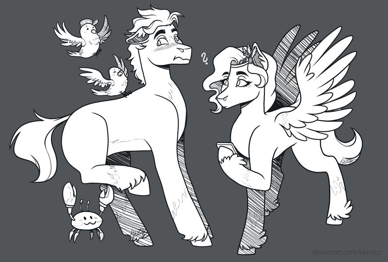 Size: 3400x2300 | Tagged: safe, artist:kikirdcz, derpibooru import, hitch trailblazer, pipp petals, bird, crab, earth pony, pegasus, pony, seagull, black and white, black background, can, commission, female, g5, grayscale, hitchpipp, image, male, mare, markings, missing cutie mark, monochrome, png, question mark, shipping, simple background, sketch, stallion, straight, unshorn fetlocks