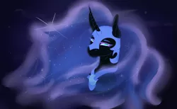 Size: 3121x1922 | Tagged: safe, artist:adeleraven, derpibooru import, nightmare moon, alicorn, pony, blue background, blue eyes, blue mane, bust, deviantart watermark, digital art, ethereal mane, eyelashes, female, flowing mane, helmet, horn, image, jpeg, looking at you, night, obtrusive watermark, simple background, solo, starry mane, stars, watermark