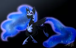 Size: 1024x646 | Tagged: safe, artist:alexiaf13, derpibooru import, nightmare moon, alicorn, pony, black background, blue eyes, blue mane, blue tail, colored pupils, ethereal mane, feather, female, flowing mane, flowing tail, folded wings, helmet, hoof shoes, horn, image, png, signature, simple background, solo, starry mane, starry tail, stars, tail, wings