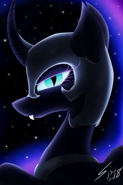 Size: 2000x3000 | Tagged: safe, artist:spyrophantom, derpibooru import, nightmare moon, alicorn, pony, blue eyes, blue mane, bust, colored pupils, curved horn, dark, digital art, ethereal mane, eyelashes, fangs, female, flowing mane, helmet, horn, image, looking at you, night, png, signature, solo, starry mane, stars, wings