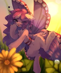 Size: 1504x1802 | Tagged: safe, artist:starrcoma, derpibooru import, oc, unofficial characters only, pegasus, pony, belly button, butterfly wings, chest fluff, clothes, costume, flower, flying, image, jpeg, looking at you, one eye closed, solo, underhoof, wings, wink