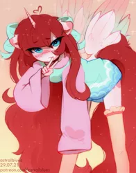 Size: 1433x1827 | Tagged: safe, artist:starrcoma, derpibooru import, oc, unofficial characters only, alicorn, anthro, alicorn oc, bent over, bow, clothes, dress, female, hair bow, horn, image, jpeg, looking at you, socks, solo, stockings, thigh highs, victory sign, wings