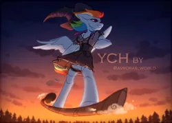 Size: 3500x2500 | Tagged: safe, artist:avroras_world, derpibooru import, rainbow dash, alicorn, anthro, earth pony, pegasus, pony, unguligrade anthro, unicorn, broom, clothes, cloud, commission, female, flying, flying broomstick, forest, halloween, hat, high res, holiday, image, male, mare, png, solo, stallion, sunset, tree, witch hat, ych example, ych sketch, your character here