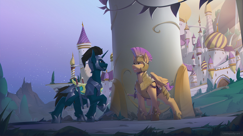 Size: 4541x2556 | Tagged: safe, artist:littlepolly, derpibooru import, oc, oc:bulwark, oc:slashing prices, unofficial characters only, pegasus, pony, unicorn, armor, armor skirt, badge, bag, canterlot, chestplate, city, clothes, complex background, duo, ear fluff, grass, helmet, hoof shoes, horn, image, jpeg, leather straps, looking at each other, male, pegasus oc, rock, royal guard, royal guard armor, saddle, saddle bag, skirt, sky, smiling, smiling at each other, stallion, standing, stars, sunset, sword, tack, tree, unicorn oc, watermark, weapon, wings