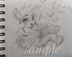 Size: 2195x1734 | Tagged: safe, artist:paipaishuaige, derpibooru import, oc, unofficial characters only, pony, unicorn, clothes, drink, hoodie, image, jpeg, smiling, solo, traditional art, unshorn fetlocks