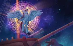 Size: 1577x1000 | Tagged: safe, artist:margony, derpibooru import, oc, unofficial characters only, alicorn, pony, alicorn oc, boat, braid, cannon, horn, image, magic, magic circle, png, sky, solo, space, stars, wings