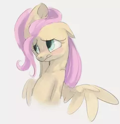 Size: 909x939 | Tagged: safe, artist:dotkwa, derpibooru import, fluttershy, pegasus, pony, arm behind head, armpits, blushing, bust, female, floppy ears, frog (hoof), gray background, image, lip bite, mare, one wing out, png, simple background, solo, sweat, underhoof, wings