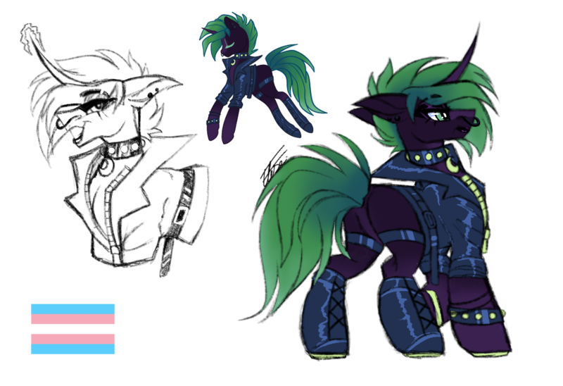 Size: 992x679 | Tagged: safe, artist:inspiredpixels, derpibooru import, oc, oc:rave roofus, pony, unicorn, clothes, curved horn, horn, image, it, jacket, nose piercing, nose ring, piercing, png, reference sheet, simple background, solo, trans pride flag, transgender, transparent background, was/were, whore lips