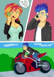 Size: 800x1132 | Tagged: safe, artist:vsma8, derpibooru import, part of a set, flash sentry, sunset shimmer, equestria girls, breasts, busty sunset shimmer, comic, engrish, female, flashimmer, image, male, motorcycle, png, shipping, straight