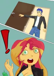 Size: 764x1081 | Tagged: safe, artist:vsma8, derpibooru import, part of a set, flash sentry, sunset shimmer, equestria girls, breasts, busty sunset shimmer, comic, exclamation point, female, flashimmer, image, male, png, shipping, straight