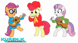 Size: 19000x10443 | Tagged: safe, artist:kuren247, derpibooru import, apple bloom, scootaloo, sweetie belle, earth pony, pegasus, pony, unicorn, alvin and the chipmunks, cutie mark crusaders, female, guitar, harmonica, image, mare, musical instrument, parody, png, simple background, transparent background