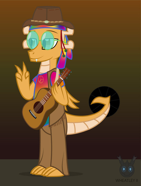 Size: 963x1265 | Tagged: safe, artist:wheatley r.h., derpibooru import, oc, oc:myoozik the dragon, unofficial characters only, dragon, clothes, costume, derpibooru exclusive, dragon oc, glasses, gradient background, guitar, hat, hippie, image, jpeg, male, musical instrument, pants, shirt, vector, watermark