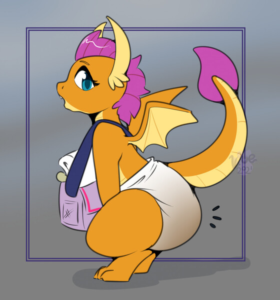 Size: 1194x1280 | Tagged: questionable, artist:maynara, derpibooru import, smolder, dragon, diaper, diaper bag, diaper fetish, fetish, image, jpeg, messy diaper, poop, pooping, pooping in diaper, poopy diaper, solo