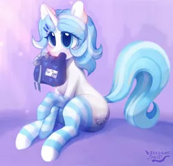 Size: 2371x2274 | Tagged: safe, artist:kei kun, derpibooru import, oc, unofficial characters only, pony, unicorn, clothes, female, image, jpeg, mare, mouth hold, present, sitting, socks, solo, striped socks