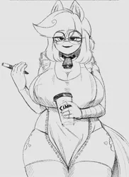 Size: 969x1333 | Tagged: suggestive, artist:kei kun, derpibooru import, oc, unofficial characters only, anthro, earth pony, apron, bedroom eyes, bell, bell collar, big breasts, breasts, cleavage, clothes, collar, cup, female, glasses, grayscale, huge breasts, iced latte with breast milk, image, jpeg, looking at you, marker, meme, monochrome, naked apron, smiling, socks, solo, solo female, thigh highs