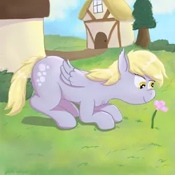 Size: 3100x3100 | Tagged: safe, artist:fdv.alekso, ponybooru import, derpy hooves, pegasus, pony, bush, chest fluff, female, flower, house, image, leaning forward, mare, png, smelling, smiling, solo, tree