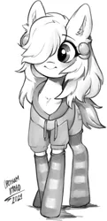 Size: 525x1081 | Tagged: safe, artist:kei kun, derpibooru import, oc, unofficial characters only, earth pony, pony, clothes, ear piercing, female, gauges, grayscale, hair over one eye, image, jpeg, mare, monochrome, piercing, smiling, socks, solo, striped socks, sweater