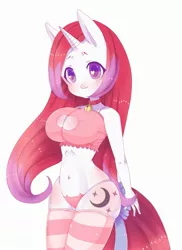 Size: 1613x2220 | Tagged: suggestive, artist:kei kun, derpibooru import, moondancer, anthro, unicorn, bell, bell collar, belly button, blushing, boob window, breasts, busty moondancer, cat lingerie, clothes, collar, female, heart eyes, image, jpeg, lingerie, open mouth, open smile, panties, smiling, socks, solo, solo female, striped socks, thigh highs, underwear, wingding eyes