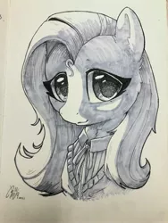 Size: 3024x4032 | Tagged: safe, artist:b_m, derpibooru import, fluttershy, pegasus, pony, bust, clothes, female, image, jpeg, mare, monochrome, solo, traditional art