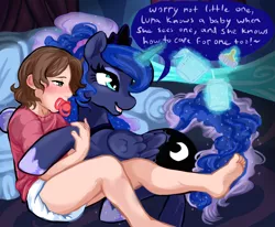 Size: 1280x1054 | Tagged: suggestive, artist:onc3l3rphobix, derpibooru import, princess luna, human, pony, caretaker, diaper, diaper fetish, fetish, image, jpeg, magic, pacifier