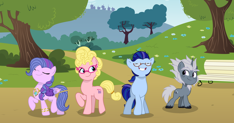 Size: 6122x3209 | Tagged: safe, artist:1alexgreen1, artist:lynnthenerdkitty, derpibooru import, alphabittle (g5), phyllis cloverleaf, queen haven, earth pony, pegasus, pony, unicorn, g5, alternate hairstyle, alternate universe, argyle starshine, base, base used, image, png, younger