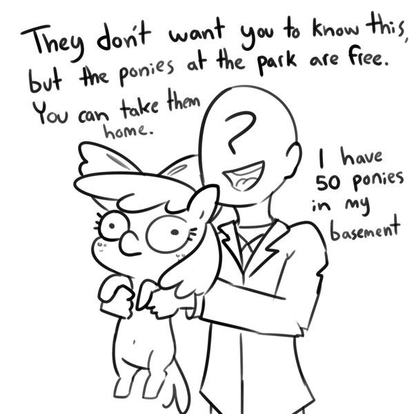 Size: 3300x3300 | Tagged: safe, artist:tjpones, derpibooru import, apple bloom, oc, oc:anon, earth pony, human, pony, belly button, black and white, dialogue, duo, female, filly, grayscale, holding a pony, image, male, monochrome, png, simple background, white background