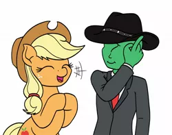 Size: 1270x1000 | Tagged: safe, artist:mkogwheel, derpibooru import, applejack, oc, oc:anon, earth pony, human, pony, applejack's hat, bipedal, cowboy hat, duo, eyes closed, female, hat, hooves together, image, jpeg, male, mare, open mouth, open smile, simple background, smiling, stetson, white background