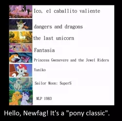 Size: 775x770 | Tagged: safe, derpibooru import, edit, edited screencap, screencap, horse, pegasus, pony, unicorn, '90s, 80s, boomer, cartoons, classic, dangers and dragons, fantasia, g1, ico the brave little horse, image, jpeg, meme, my little pony, my little pony and, newfag, sailor moon, the last unicorns, vulgar, yoniko, yuniko, zoomer