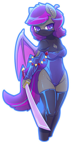 Size: 666x1340 | Tagged: safe, artist:afkregen, derpibooru import, oc, unofficial characters only, anthro, bat pony, unguligrade anthro, bat pony oc, bat wings, breasts, clothes, digital art, female, image, looking at you, mask, png, pose, samurai, simple background, socks, solo, stockings, suit, tail, thigh highs, thighs, transparent background, wings