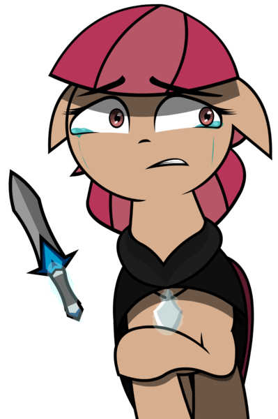 Size: 997x1500 | Tagged: safe, artist:darksoma, derpibooru import, oc, oc:mira star, crystal pony, earth pony, pony, species:darksider, cape, clothes, earth darksider, female, filly, floating knife, image, knife, panicking, png, solo, the darksiders, void crystal, younger