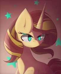 Size: 1650x2000 | Tagged: safe, artist:miryelis, derpibooru import, sunset shimmer, pony, unicorn, bust, image, png, portrait, shade, smiling, stars