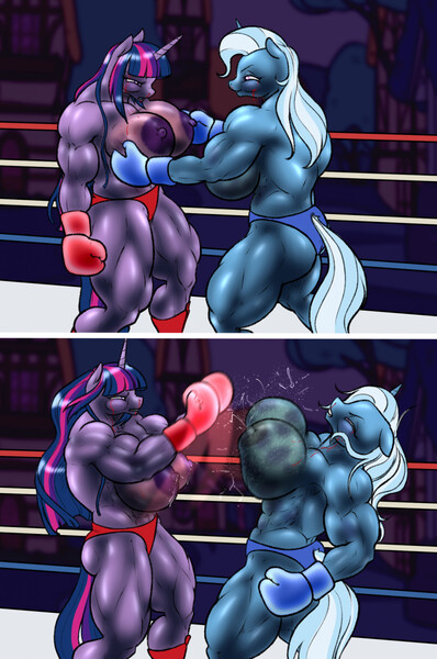 Size: 849x1280 | Tagged: questionable, artist:hellbridge, derpibooru import, trixie, twilight sparkle, anthro, unicorn, abs, areola, ass, belly button, biceps, big areola, big breasts, boots, boxing, boxing gloves, boxing ring, breasts, bruised, busty trixie, busty twilight sparkle, butt, clothes, digital art, duo, duo female, eyes closed, female, huge breasts, image, jpeg, muscles, muscular female, nipples, nudity, panties, partial nudity, punch, rear view, shoes, sideboob, sports, thighs, topless, underwear, unicorn twilight, wide hips