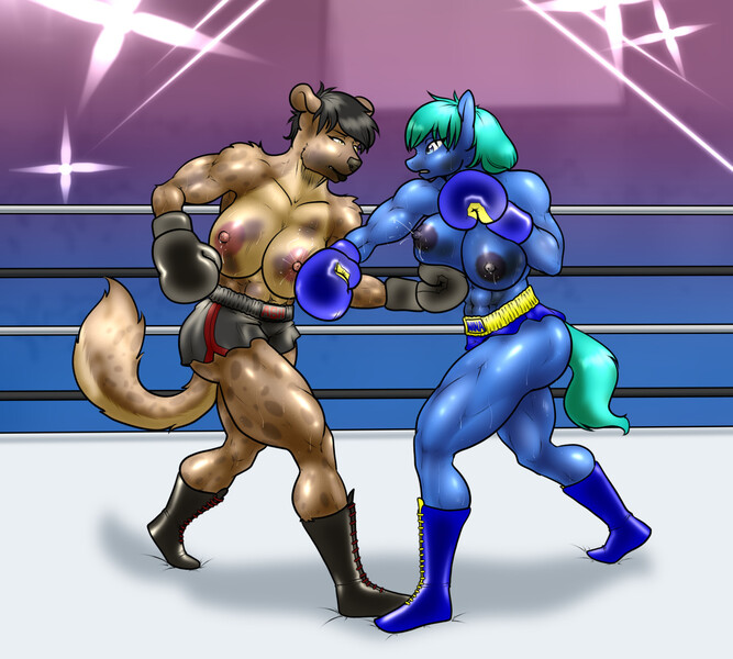 Size: 1280x1152 | Tagged: questionable, artist:hellbridge, derpibooru import, oc, oc:nina dasher, unofficial characters only, anthro, earth pony, hyena, plantigrade anthro, areola, belly button, big areola, big breasts, boots, boxing, boxing gloves, boxing ring, breast milk, breasts, bruised, clothes, duo, duo female, female, fight, furry, furry oc, huge breasts, image, jpeg, lactation, looking at each other, milk, milk squirt, nipples, nudity, partial nudity, punch, shoes, shorts, sports, thighs, topless, wide hips