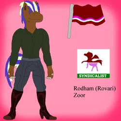 Size: 2900x2900 | Tagged: safe, derpibooru import, anthro, hybrid, plantigrade anthro, pony, boots, clothes, community related, design, flag, hair, heeled boots, hidden eyes, image, male, pants, pink, png, political cartoon, rodham, rovari, shoes, solo, vest, zoor