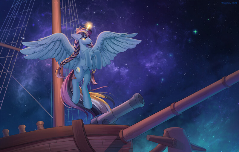 Size: 1280x812 | Tagged: safe, alternate version, artist:margony, derpibooru import, oc, unofficial characters only, alicorn, pony, alicorn oc, digital art, female, flying, glow, glowing horn, horn, image, jpeg, mare, ship, solo, spread wings, tail, wings