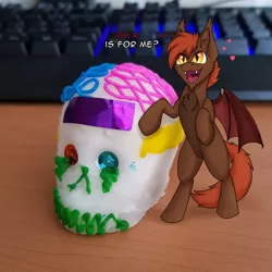 Size: 1280x1280 | Tagged: safe, artist:zackwhitefang, derpibooru import, oc, oc:zack whitefang, unofficial characters only, bat pony, pony, bat pony oc, bat wings, cute, digital art, image, irl, jpeg, male, open mouth, photo, solo, spread wings, standing, tail, wings