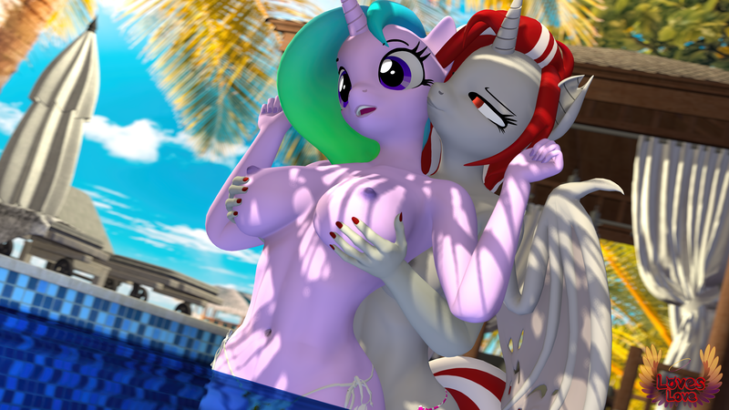 Size: 7680x4320 | Tagged: questionable, artist:loveslove, derpibooru import, oc, oc:fiona mahri, oc:lovers, anthro, unicorn, 3d, absurd resolution, belly button, big breasts, breast grab, breasts, grope, high res, horn, image, nipples, nudity, outdoors, png, source filmmaker, surprised, swimming pool, unicorn oc